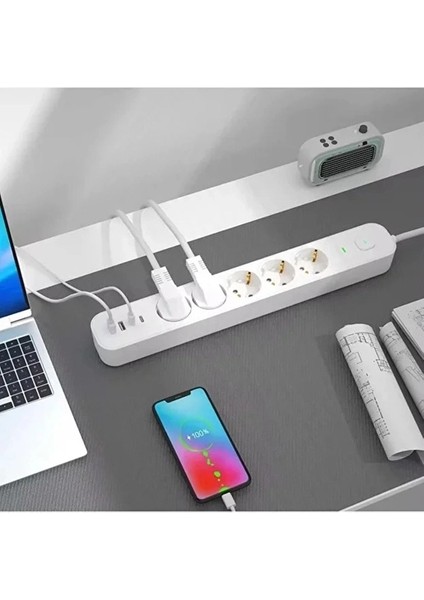5 Prizli Akım Korumalı Uzatma Kablosu | 2xusb-A + 2xusb-C | 3680W - 2m Kablo