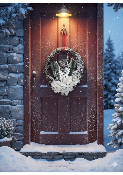 33 cm Karlı Dallı Yuvarlak Yılbaşı Kapı Süsü – Çiçekli ve Çam Dallı Dekoratif Model