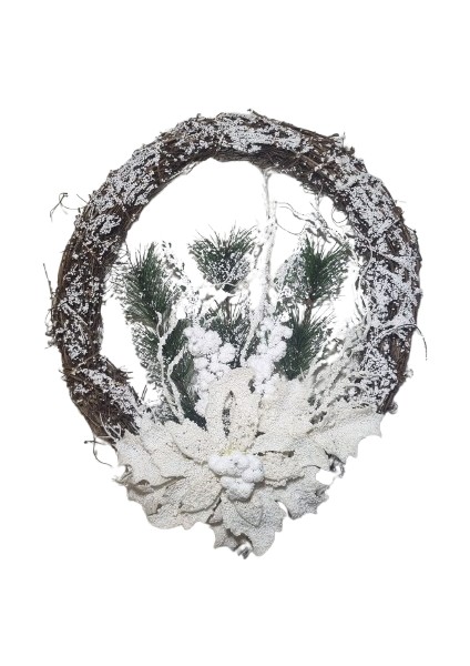 33 cm Karlı Dallı Yuvarlak Yılbaşı Kapı Süsü – Çiçekli ve Çam Dallı Dekoratif Model modelleri