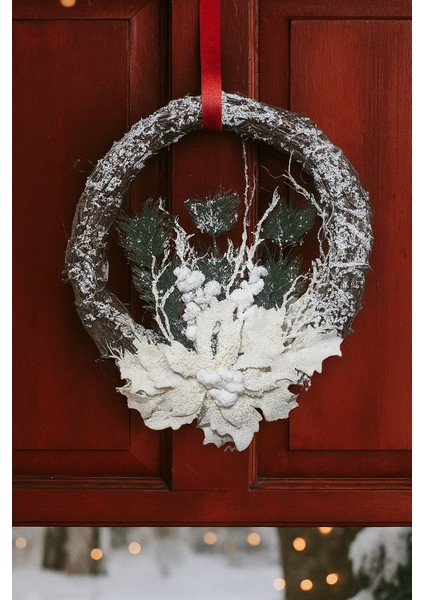 33 cm Karlı Dallı Yuvarlak Yılbaşı Kapı Süsü – Çiçekli ve Çam Dallı Dekoratif Model fırsatları