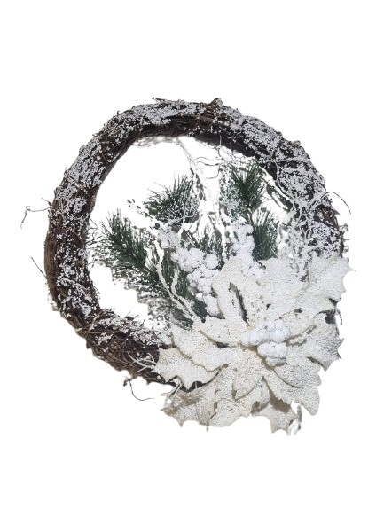 33 cm Karlı Dallı Yuvarlak Yılbaşı Kapı Süsü – Çiçekli ve Çam Dallı Dekoratif Model