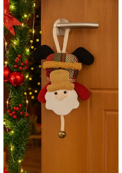 20 cm Ekoseli Çanlı Noel Baba Kapı Süsü – Zilli Yılbaşı Dekor Modeli