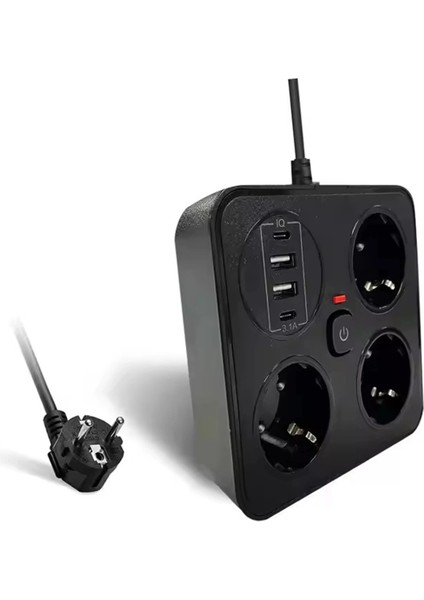 Akım Korumalı Anahtarlı Priz - 3x Priz - 2x USB - 2x Type-C - 2 mt Kablo Hızlı Şarj Özellikli Siyah