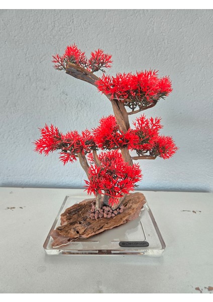 El Yapımı Kare Epoksi Tabanlı Bonsai Dekor – Doğal Ağaç Modeli (Yeşil/kırmızı/turuncu)