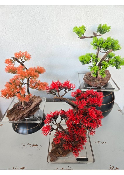 El Yapımı Kare Epoksi Tabanlı Bonsai Dekor – Doğal Ağaç Modeli (Yeşil/kırmızı/turuncu)