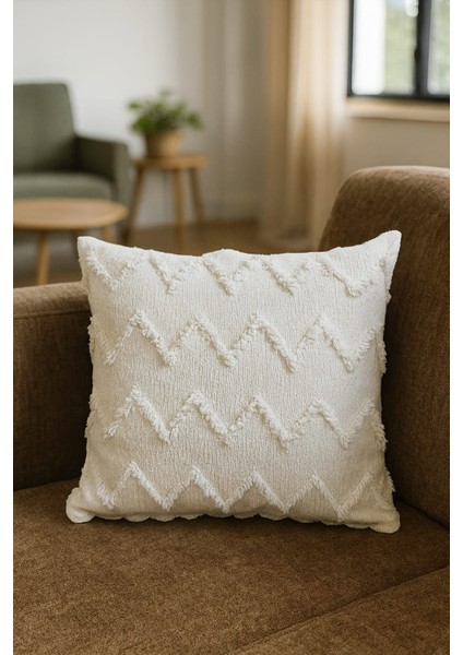 Şönil Sakallı Kırlent Kılıfı 43X43 cm – Kabartmalı Zigzag Desen, Yumuşak Dokuma