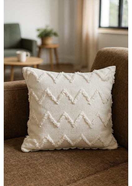 Şönil Sakallı Kırlent Kılıfı 43X43 cm – Kabartmalı Zigzag Desen, Yumuşak Dokuma
