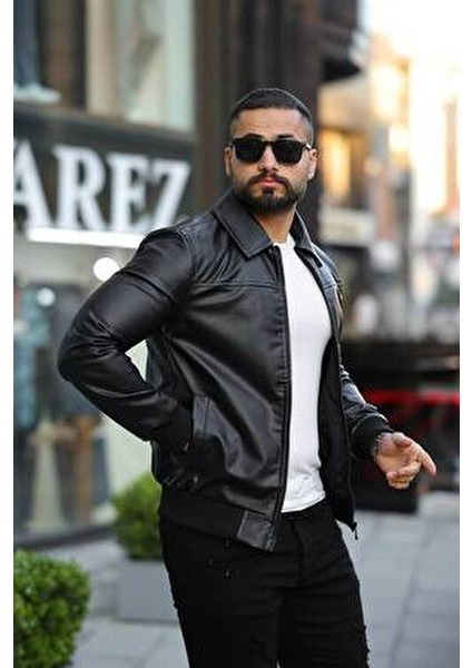 Premium Slim Fit Polo Yaka Deri Ceket Erkek Suni Deri Konforlu Kullanım Özelliği fırsatları