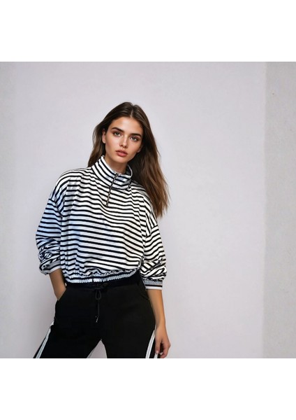 Siyah Beyaz Çizgili Crop Sweatshirt, Kadın Bluz, Crop Sweat, Rahat Kalıp Bluz