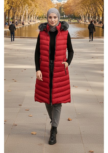 Kapüşonlu Fermuarlı Şişme Yelek 70030-01 Bordo