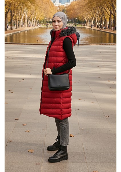 Kapüşonlu Fermuarlı Şişme Yelek 70030-01 Bordo fiyatları