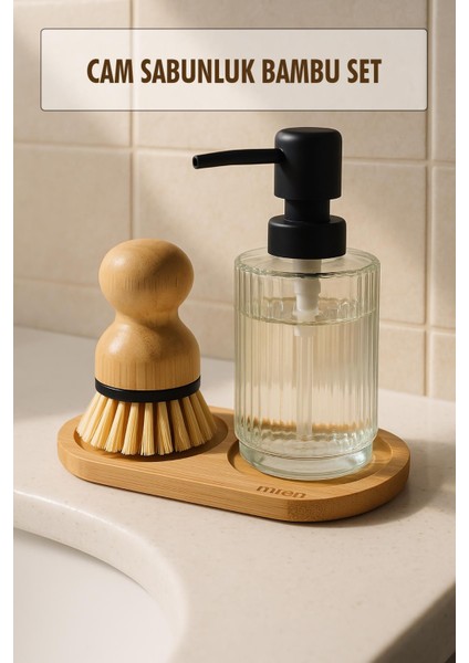 3 Parça Bambu Altlıklı Sabunluk ve Temizlik Fırça Seti