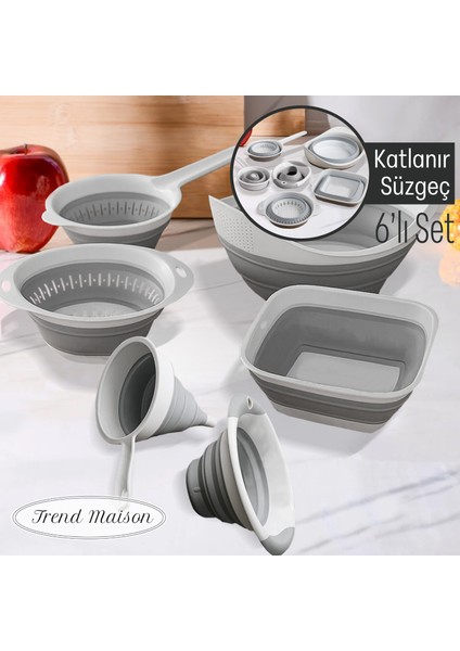 Silikon Katlanır Süzgeç 6’lı Set Mutfak Süzgeci – Meyve Sebze Yıkama, Makarnalık, Huni