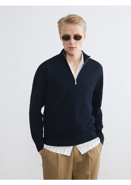 Yeni Sezon Fermuarlı Dik Yaka Erkek Triko Kazak