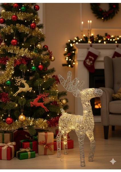 60 cm Pilli Işıklı Tel Geyik Gümüş Yılbaşı Dekoru – LED Aydınlatmalı Masa ve Vitrin Süsü