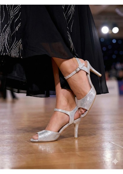 Gümüş Metalik Tek Atkı Model 8.5 cm 13 Pont Jurdan Taban Tango, Dans ve Abiye Ayakkabısı