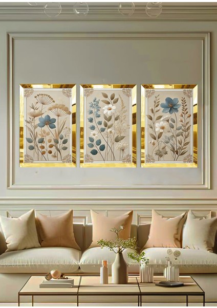 Pleksi Çerçeveli Soft Mavi Çicekler Tablo 3lü