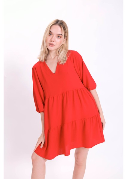 V Yaka Balon Kol Geniş Kesim Elbise