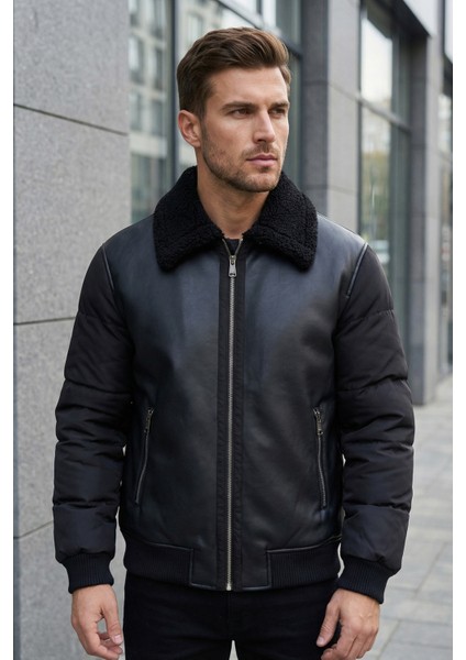 Erkek Şişme Kol Detaylı Deri Mont
