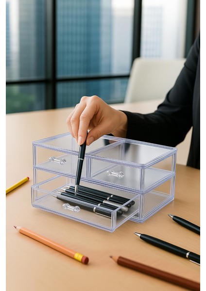 Şeffaf 3 Çekmeceli Kalemlik Düzenleyici Organizer 14×24×10 cm fiyatları