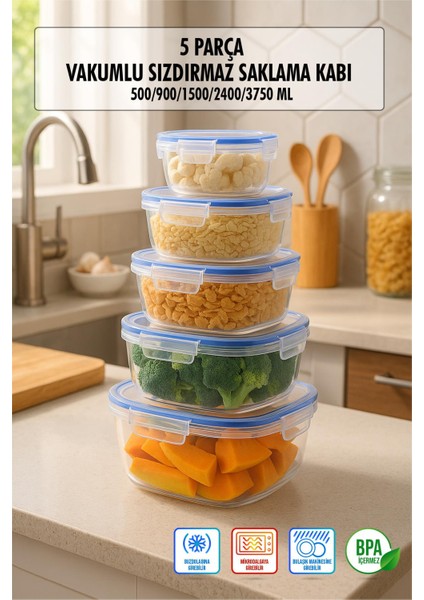 Kare 5 Parça Contalı Vakumlu Sızdırmaz Hava Almaz Saklama Kabı Seti (3750/2400/1500/900/500 Ml)