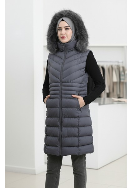 Kapüşonlu Fermuarlı Şişme Yelek 202419-01 Gri