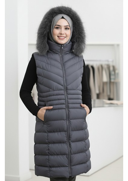 Kapüşonlu Fermuarlı Şişme Yelek 202419-01 Gri fiyatları