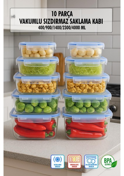 Dikdörtgen 10 Parça Contalı Vakumlu Sızdırmaz Hava Almaz Saklama Kabı Seti 2X(4000/2300/1400/900/400 Ml)