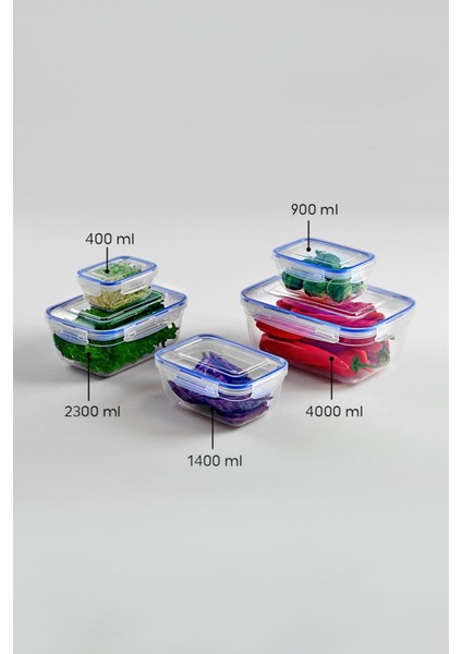 Dikdörtgen 10 Parça Contalı Vakumlu Sızdırmaz Hava Almaz Saklama Kabı Seti 2X(4000/2300/1400/900/400 Ml) modelleri