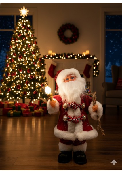 30 cm Lambalı Simli Pilli Hareketli ve Sesli Noel Baba – Işıklı Özel Tasarım Yılbaşı Dekor Figürü