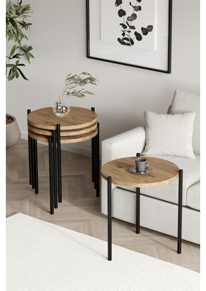 Zigon Sehpa , Nice 4'lü Zigon Sehpa Takımı , Siyah Metal - Atlantik Çam Tabla fiyatları