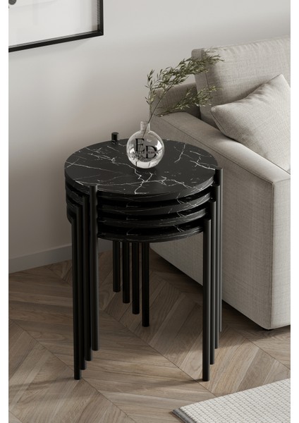 Zigon Sehpa , Nice 4'lü Zigon Sehpa Takımı , Siyah Metal - Siyah Mermer Tabla