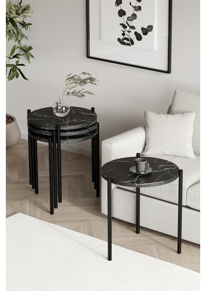 Zigon Sehpa , Nice 4'lü Zigon Sehpa Takımı , Siyah Metal - Siyah Mermer Tabla fiyatları