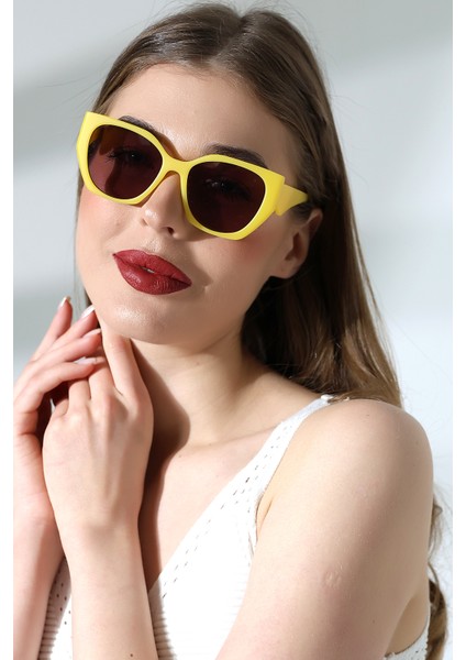 Kadın Oval Sarı Renkli Cam Mat Güneş Gözlüğü Garson Boy