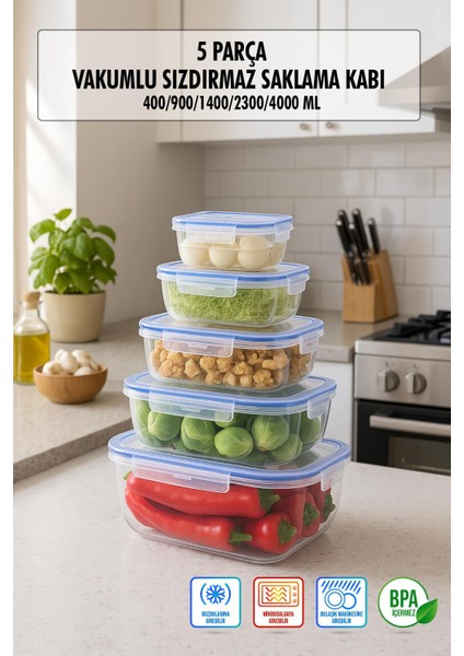 Dikdörtgen 5 Parça Contalı Vakumlu Sızdırmaz Hava Almaz Saklama Kabı Seti (4000/2300/1400/900/400 Ml)