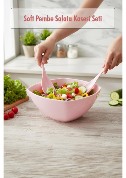3,5 Lt Soft Pembe Akrilik Kare Salata ve Servis Kasesi Seti – 3 Parça