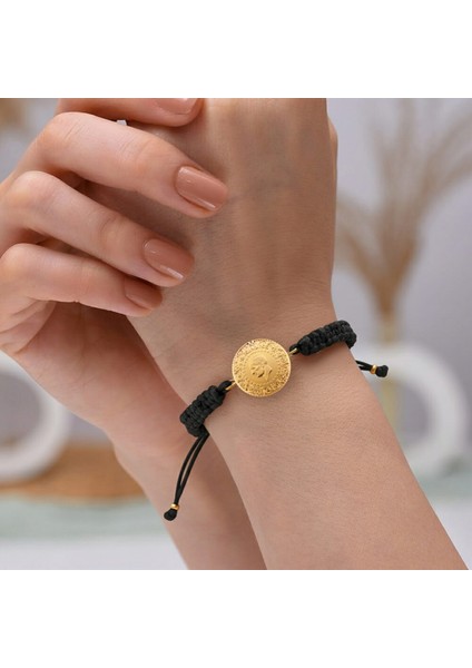 22 Ayar Yeni Çeyrek Altın Siyah Renkli Ipli Bileklik