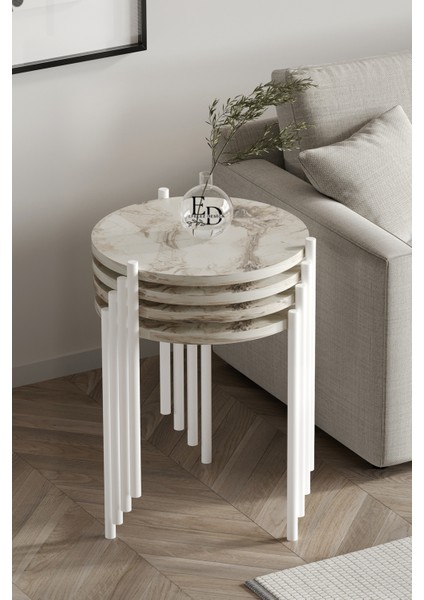 Zigon Sehpa , Nice 4'lü Zigon Sehpa Takımı , Beyaz Metal - Beyaz Mermer Tabla