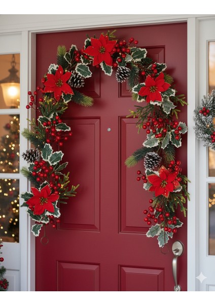180 cm Berryli Kozalaklı Çiçekli Yılbaşı Garland – Kapı, Duvar ve Masa Üstü Lüks Dekor Süsü