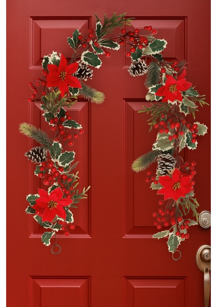 180 cm Berryli Kozalaklı Çiçekli Yılbaşı Garland – Kapı, Duvar ve Masa Üstü Lüks Dekor Süsü