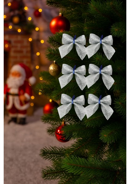 7 cm Gümüş Simli Eva Fiyonk – 6'lı Mini Yılbaşı Ağacı ve Hediye Paket Süsleme Seti