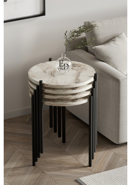 Zigon Sehpa , Nice 4'lü Zigon Sehpa Takımı , Siyah Metal - Beyaz Mermer Tabla