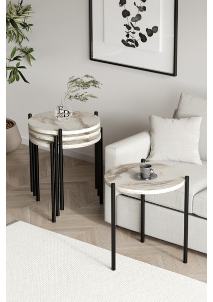 Zigon Sehpa , Nice 4'lü Zigon Sehpa Takımı , Siyah Metal - Beyaz Mermer Tabla fiyatları