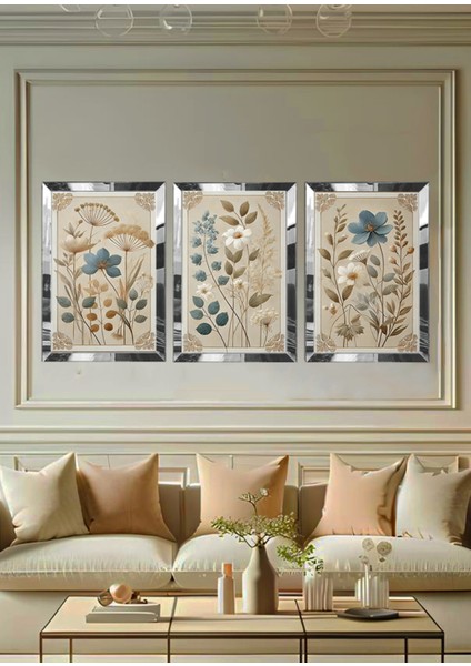 Pleksi Çerçeveli Soft Mavi Çicekler Tablo 3lü