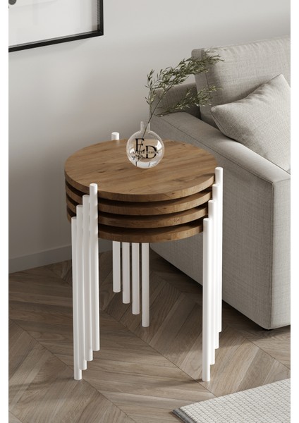 Zigon Sehpa , Nice 4'lü Zigon Sehpa Takımı , Beyaz Metal - Atlantik Çam Tabla