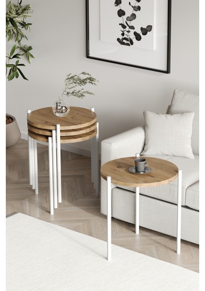 Zigon Sehpa , Nice 4'lü Zigon Sehpa Takımı , Beyaz Metal - Atlantik Çam Tabla fiyatları