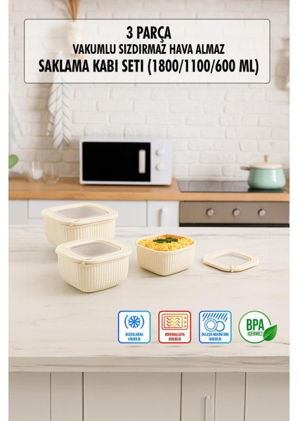 Kare 3 Parça Vakumlu Sızdırmaz Hava Almaz Saklama Kabı Seti Gri (1800/1100/600 Ml)