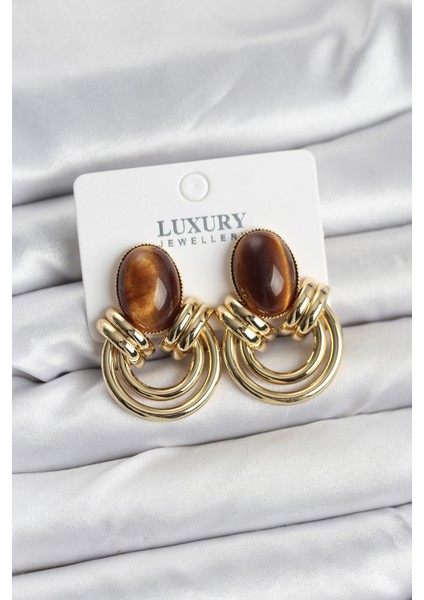 Pirinç Gold Renk Kahverengi Taşlı Vintage Kadın Küpe