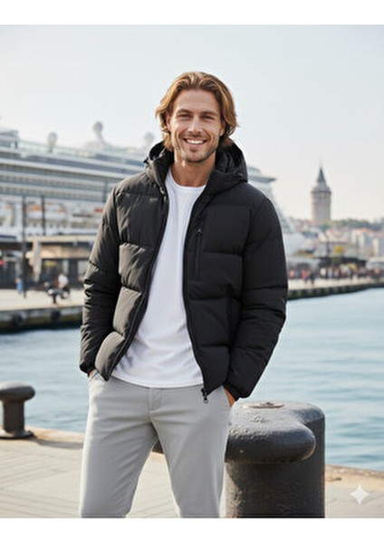 Jcootto Puffer Erkek Siyah Jacket Mont 100% Polyester Uzun Kol Ayarlanabilir Kapüşon