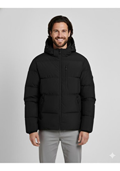 Jcootto Puffer Erkek Siyah Jacket Mont 100% Polyester Uzun Kol Ayarlanabilir Kapüşon